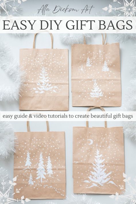 Holiday Gift Bag DIY Christmas Crafts With Gift Bags — Alla Dickson Art & Goods Decorating Plain Gift Bags Brown Paper, Paper Sack Christmas Crafts, White Paper Bag Christmas Gift Bags, Cheap Gift Bag Ideas, Decorating White Gift Bags For Christmas, Decorating Christmas Gift Bags, Christmas Paper Bags Ideas Diy Gifts, Brown Paper Bag Christmas Gift Bags, Hand Decorated Gift Bags