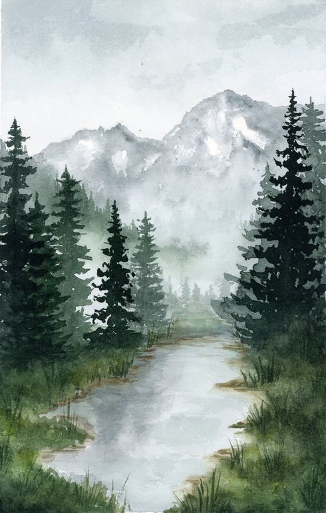 Watercolor Pine Trees Forest Landscape Misty Mountains Artwork Pine Trees Evergreen Forest Art - Etsy Ukraine Beautiful Forest Art, Pine Tree Landscape Painting, Pine Tree Forest Painting, Watercolor Woods Painting, Watercolor Painting Mountains, Watercolor Forest Paintings, Painting Evergreen Trees, Landscape Ideas Painting Watercolor, Forest Trees Painting