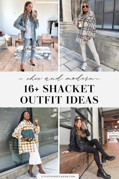 Looking for ways to style a shacket? This list of shacket outfit ideas for women is full of chic and modern aesthetic looks for spring, summer, fall, and winter. There’s casual options with leggings, beige shacket ideas, plaid shacket options, denim shacket looks, elevated outfits with a leather shacket, and ways to wear a shacket for work, running errands, or date night. Plus size or petite, no matter your body shape you need a shacket in your wardrobe! Beige Shacket Outfit Women Winter, Sweatpants And Shacket Outfit, How To Style Denim Shacket, Shacket With Leggings Outfit Women, Shacket And Tennis Shoes, Dress Up A Shacket, Dressy Shacket Outfit Women, Short Shacket Outfit, Shacket Office Outfit