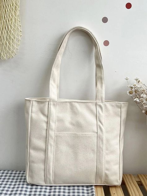 Beige Preppy Collar  Polyester Plain Shopper Bag Embellished   Women Bags Canvas Shopper Bag, Minimalist Tote Bag, Preppy Bags, Tote Bag With Pockets, Big Tote Bags, Printed Canvas Tote Bag, Creation Couture, Graphic Tote, Mua Sắm