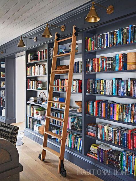 Bookshelf Hallway, Bookshelves With Ladder, Built In Library Wall, Hallway Bookshelves, Library Goals, At Home Library, Study Room Kids, Bookshelves Ideas, Magical Spaces