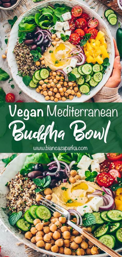 Quinoa Bowl Vegan, Buddha Bowl Vegan, Vegan Bowl Recipes, Hummus Bowl, Vegan Feta, Healthy Bowl, Buddha Bowls Recipe, Vegan Buddha Bowl, Rainbow Salad