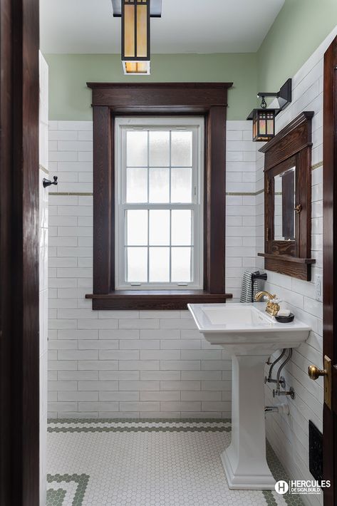 Craftsman Style Homes Bathroom, 1940s Small Bathroom Remodel, Arts And Crafts Bathroom Ideas, Craftsman Bathroom Lighting, Rustic Craftsman Bathroom, Craftsman House Bathroom Ideas, 1920s Craftsman Interior, Craftsman Tile Bathroom, Craftsman Home Bathroom