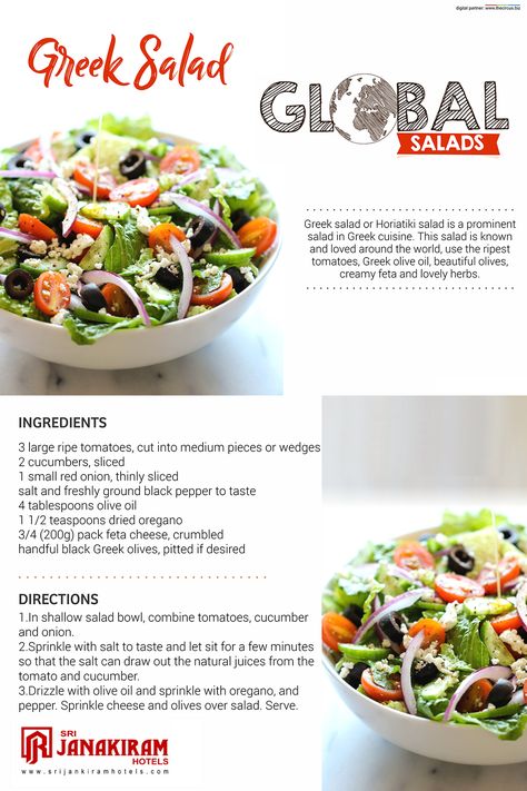 Greek salad, or horiatiki salata, is a rough country salad of juicy tomatoes, crisp cucumber, sliced red onion, green pepper, crumbly feta cheese and plump kalamata olives. Greek salad can be served as a side dish or as a light meal with some crusty bread. Lets know more about it recipe... #srijanakiram #global #salad #greece Green Salad With Feta Cheese, Salad Ingredients And Procedure, Country Salad, Vegetable Salad Ingredients, Greek Salad Ingredients, Salad Menu, Background Plain, Chef Jobs, Vegetarian Salad