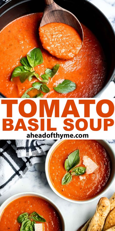 Freezer Tomato Basil Soup, Tomato And Basil Soup Recipe, Tomato Basil Soup To Can, Tomato Basil Soup Dutch Oven, Gluten Free Tomato Basil Soup, Canned Tomato Basil Soup Recipe, Things To Make With Fresh Basil, Tomato Basil Soup Canned Tomatoes, Tomatoes Basil Soup