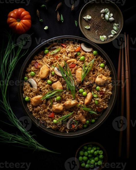 AI Generative Asian fried rice with egg and vegetables Dark stone background Top view Asian Fried Rice, Rice With Egg, Fried Rice With Egg, Vector Landscape, Chinese Rice, Stone Background, Rice Food, Black Rice, Top Background