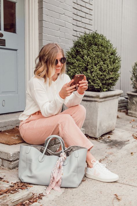 Two Ways I'm Styling Corduroys for Fall | Pink Corduroy Pants, Veja Sneakers | Louella Reese Pink Veja Sneakers Outfit, Veja Outfits, Pink Veja, Veja Sneakers Outfit, Pink Sneakers Outfit, Mom Friendly Outfits, Pink Corduroy Pants, Birthday Dress 21st, Friendly Outfits