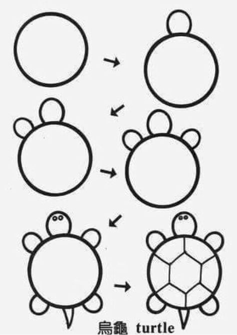 Step by step Draw A Turtle, Trin For Trin Tegning, Ako Kresliť, Aktiviti Kanak-kanak, Anak Haiwan, Drawing Lessons For Kids, صفحات التلوين, Easy Art Projects, Easy Drawings For Kids