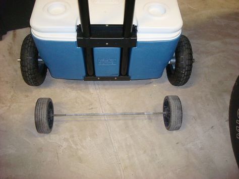 change the wheels "I needed bigger wheels on my cooler to be able to use it on the beach and carry some extra stuff on top of it for camping." Beach Cooler, 1000 Lifehacks, Diy Cooler, Bike Challenge, Beach Vacation Packing List, Camping Coolers, Beach Hammock, Beach Cart, Packing List For Vacation