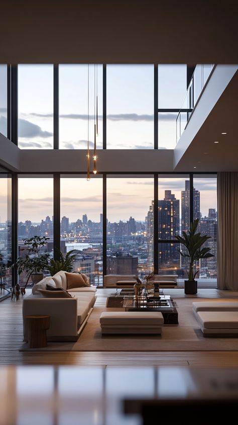 Modern Skyline View Apartment Skyline View Apartments, Modern Apartment White, Seattle Loft Apartment, Los Angeles Penthouse Apartment, Chicago Penthouse Aesthetic, Luxury Apartment Chicago, Toronto Condo Aesthetic, Cozy Penthouse Apartment, Manhattan Apartment Aesthetic