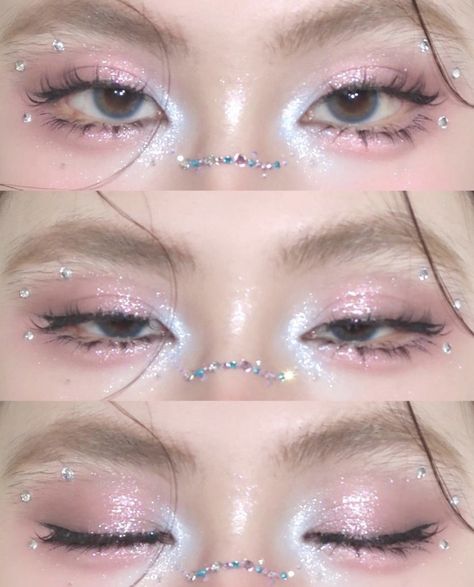 Pink Halo Eye Makeup, Cute Fairy Makeup, Easy Make Up Looks, Light Pink Makeup Looks, Cute Pink Makeup, Shine Makeup, Pink Eye Makeup Looks, Gem Makeup, Kpop Makeup