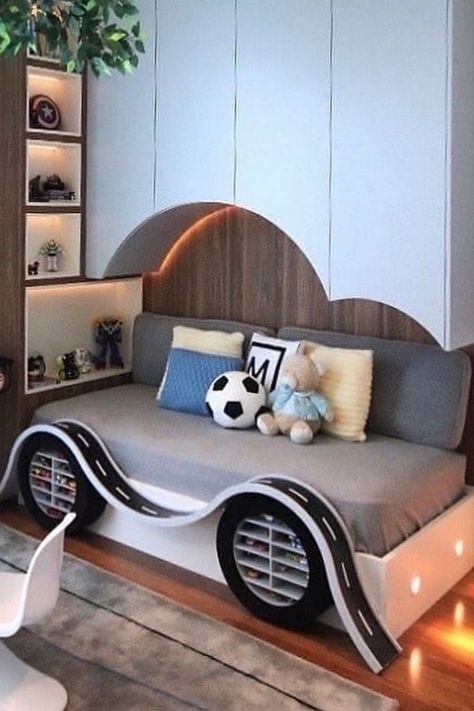 Race Car Inspired Bedroom with Cloud-Shaped Cabinets Children's Bedroom Ideas, Kids Room Interior Design, Kids Bedroom Inspiration, Kids Bedroom Designs, Kids Interior Room, Toddler Rooms, Baby Room Design, Boys Bedrooms, Small Room Bedroom