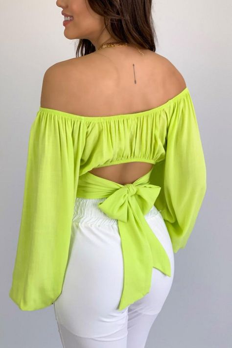 Fit: Regular fit.
 Detail:
  Off shoulder.
 Solid color.
 Puff sleeve.
 Tie-back.
 Waisted.
 Crop top.
  Material: 90-95% Polyester.
 Care锛?Machine washes cold, tumble dry low.
 Color may be lighter or darker due to the different displays. Streetwear Blouse, Off Shoulder Puff Sleeve, Shoulder Puff Sleeve, Puff Sleeve Crop Top, Cropped Tops, Crop Top Blouse, Long Blouse, Ladies Tops Fashion, Lantern Sleeves