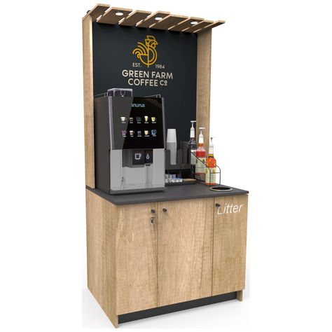 Coffee Bar Ideas Office Tea Station, Self Service Coffee Station, Office Coffee Station Corporate, Self Service Bar, Office Coffee Corner, Coffee Machine Station, Coffee Stand Design, Coffee Machine Table, Office Coffee Station