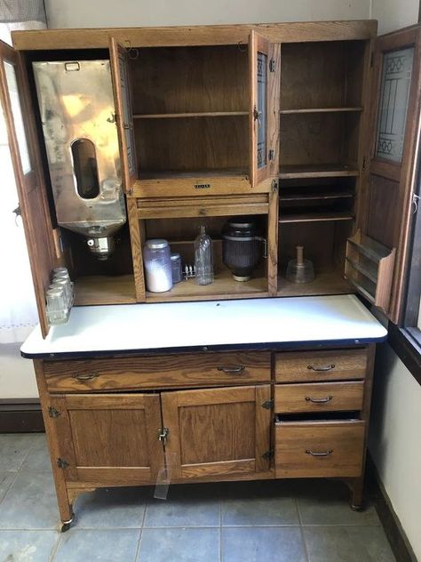 Antique Oak Sellers Hoosier Cabinet w Porcelain Working Space | eBay Bread Drawer, Antique Hoosier Cabinet, Pull Out Shelf, Antique Kitchen Cabinets, Tambour Door, Hoosier Cabinets, Built In Hutch, Hoosier Cabinet, Lake House Kitchen