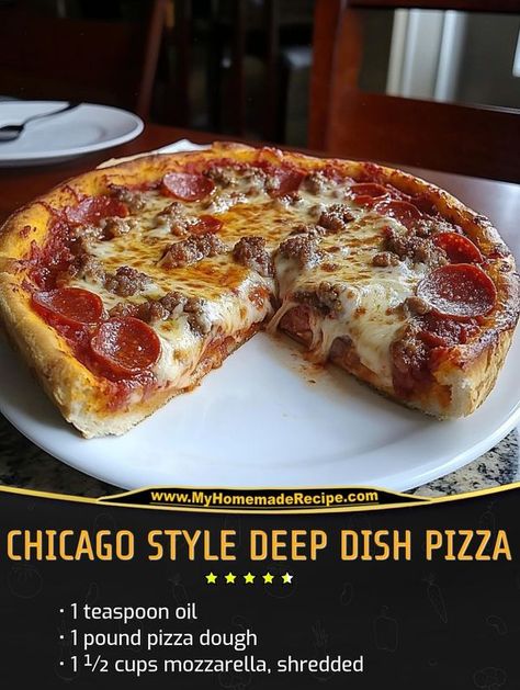 Easy and tasty recipes | HOMEMADE CHICAGO STYLE DEEP DISH PIZZA | Facebook Homemade Chicago Style Deep Dish Pizza, Chicago Style Pizza Recipe, Deep Dish Pizza Cast Iron, Chicago Pizza Recipe, Chicago Deep Dish Pizza Recipe, Specialty Pizza, Pizza Variety, Detroit Pizza, Chicago Deep Dish