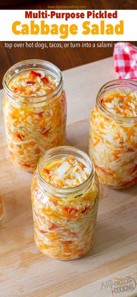 Salami Soup, Cabbage And Veggies, Easy Cabbage Salad, Pickled Cabbage Recipe, Pickled Veggies Recipe, Canning Cabbage, Fermented Vegetables Recipes, Easy Pickling Recipes, Pickled Vegetables Recipe