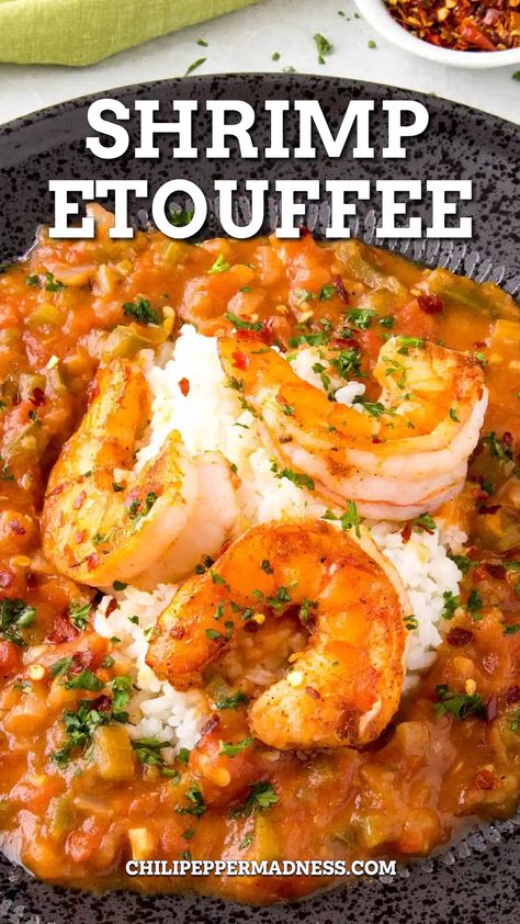 Shrimp Etouffee served in a big plate topped with three big shrimp. Crawfish Etoufee Recipe, Creole Dishes, Etouffee Recipe, Creole Food, Shrimp Etouffee, Cajun Seafood, New Orleans Recipes, Cajun Creole Recipes, Shrimp Dinner