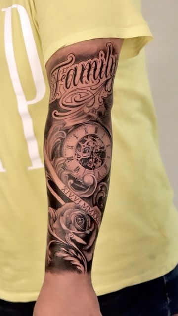 Raymond Tattoo, Family Tattoos For Men Forearm, Outside Forearm Tattoo Men Sleeve, Roman Numerals Tattoo, October Tattoo, Family Sleeve Tattoo, Tattoo Clock, Numerals Tattoo, Family Tattoos For Men