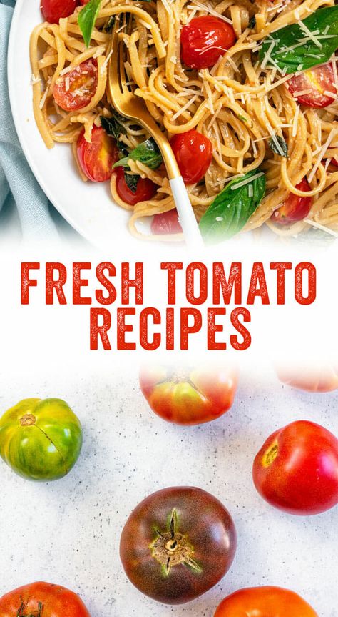 Got fresh tomatoes? We've got recipes. Here are our top fresh tomato recipes to take advantage of those juicy, ripe beauties. #tomatoes #freshtomatoes #recipe #mealprep #summer Best Salsa Recipe, Tomato Basil Salad, Grilled Cheese With Tomato, Fresh Tomato Pasta, Fresh Salsa Recipe, Fresh Tomato Recipes, Best Homemade Pizza, Cherry Tomato Pasta, Vegetarian Cookbook