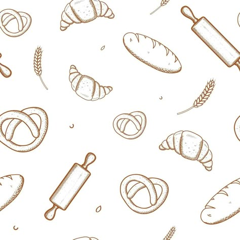 Hand drawn seamless pattern of bread and bakery products Bakery Vector Illustrations, Baking Illustration Art, Bakery Elements, Bakery Drawing, Baker Costume, Bakery Pattern, Bakery Illustration, Bread Pattern, Food Background Wallpapers