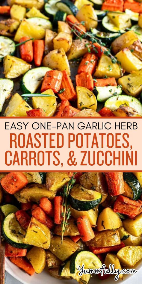 Forget about bland-tasting veggies! This One-Pan Garlic Roasted Potatoes, Carrots, & Zucchini are the perfect side dish for any protein entree. Garlic, rosemary, and thyme complement the caramelized flavors of the veggies for a unique garlic-herb aroma. Whole 30 Side Dishes, Garlic Herb Roasted Potatoes, Roasted Potatoes Carrots, Carrots And Zucchini, Garlic Roasted Potatoes, Herb Roasted Potatoes, Carrot Fries, Rosemary And Thyme, Roasted Vegetable Recipes