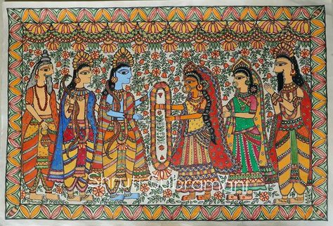 Madhubani Paintings Ideas Design, Ram And Sita, Madhubani Motifs, Madhubani Paintings Peacock, Front Mehndi, Mithila Art, Mithila Painting, Ram Sita, Madhubani Paintings