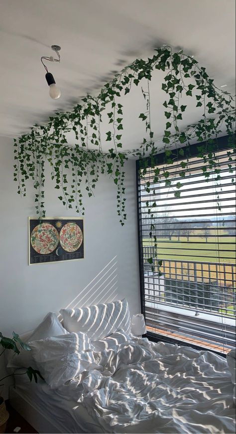 Cottagecore Room Green Walls, Bedroom Ideas Botanical, Leaf Theme Bedroom, Vines On Door Bedroom, Greenery Ceiling Bedroom, Green Room Astethic, Green Asthetics Bedrooms, Vine Ceiling Bedroom Aesthetic, Green Nature Room Aesthetic