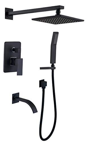 Black Bathroom Wall, Shower Alcove, Black Shower Faucet, Bathroom Shower Faucets, Matte Black Bathroom, Shower Fixtures, Shower Faucet Sets, Bathroom Shower Tile, Rainfall Shower Head