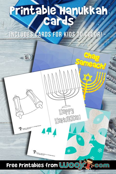 Printable Hanukkah Cards | Woo! Jr. Kids Activities Hanukkah Printables, History Of Hanukkah, Happy Hanukkah Cards, Hanukkah Greeting Cards, Space Activities For Kids, Hanukkah Greeting, Hebrew School, Teacher Appreciation Printables, Printable Coloring Pages For Kids