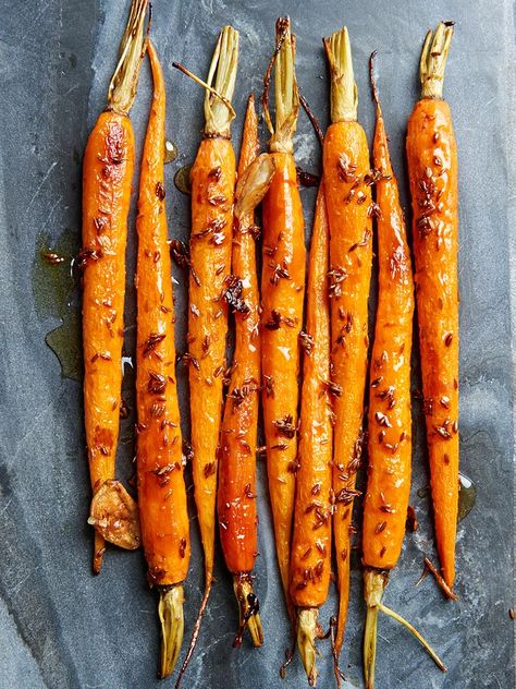 honey-cumin-roasted-carrots-RU297262 Honey Cumin Roasted Carrots, Side Dishes For Pork Chops, Cumin Carrots, Side Dishes For Pork, Fried Red Potatoes, Simple Sides, Vegetable Bake, Christmas Dinner Recipes, Roasted Baby Carrots