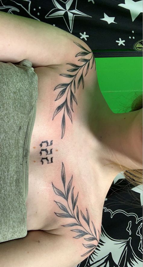 Womens Clavicle Tattoo, Collarbone Tattoos Symmetrical, Ivy Tattoo Collar Bone, Sternum Tree Tattoo, Symmetrical Tattoo Collar Bone, Barbwire Collar Bone Tattoo, Collar Bone Neck Tattoo, Chest Leaves Tattoo, Simple Chest Tattoo Female Upper