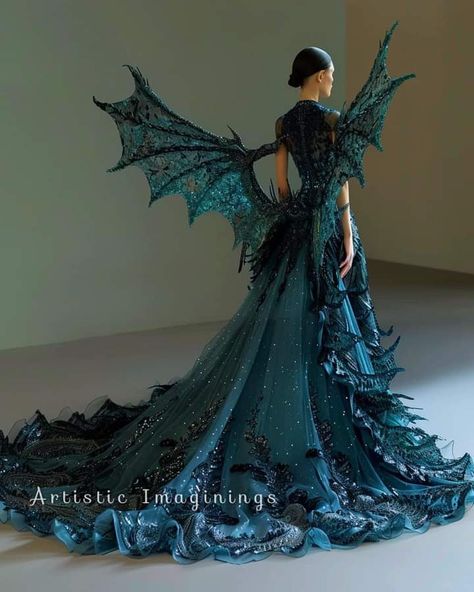 Mythical Dresses Gowns, Cyan Dress, Abby Aesthetic, Dress With Wings, Dragon Dress, Rachel Green Outfits, Gala Fashion, Museum Fashion, Gowns Dresses Elegant