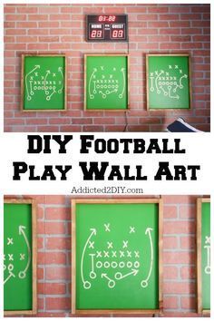 This quick and easy football wall art is the perfect addition to any kid's room or man cave. #football #wallart #homedecor #footballart #footballplay #kidsroom #boysroom #tweenbedroom #sportsroom #sports Sports Themed Office Ideas, Sports Home Decor, Football Decorations For Home, Football Room For Boys, Football Bathroom, Football Home Decor, Sports Basement, Sports Bathroom, Football Wall Decor