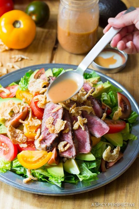 Steak Salad Dressing, Steak Salad Recipe, Grilled Steak Salad, Best Salad Dressing, Chicken Fajita Soup, Banana Cream Pie Recipe, A Spicy Perspective, French Fried Onions, Romaine Lettuce Salad