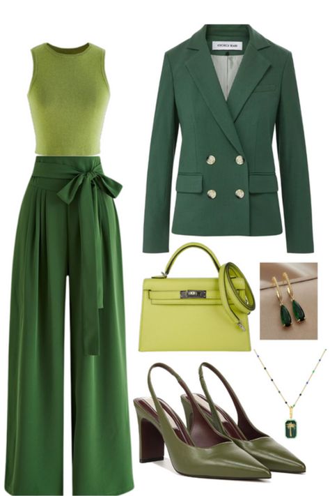 green monochrome outfit idea #outfitidea #fasionista #bossgirloutfit #chicoutfit #backtoschooloutfit #schooloutfit Sea Green Outfit Color Combos, Avocado Green Outfit, Green Business Outfit, Dark Green Aesthetic Outfit, Olive Outfits For Women, Shades Of Green Outfit, Silk Scarf Tying Tutorials, Green Fashion Aesthetic, Green Monochrome Outfit