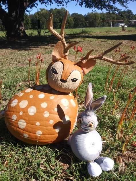 Bambi and Thumper Pumpkins Deer and Bunny Deer Painted Pumpkin, Bambi Pumpkin, Pumpkin Painting Funny, Cow Pumpkin Painting, Deer Pumpkin, Pumpkin Animals, Deer And Bunny, Animal Pumpkin, Cow Pumpkin