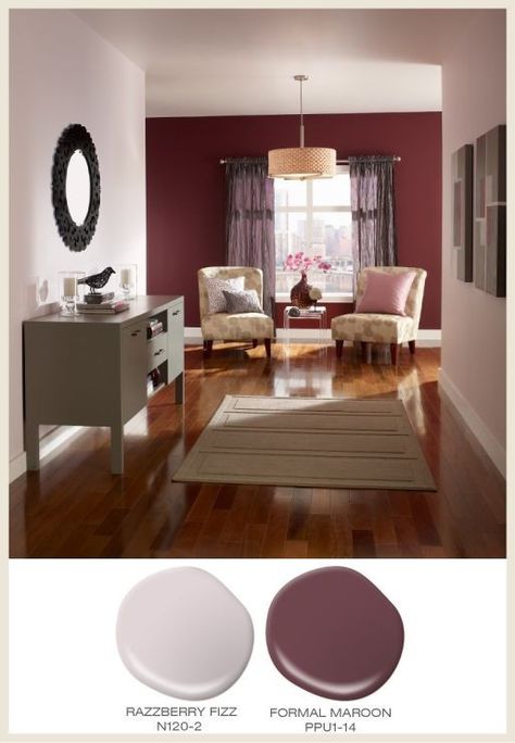 Behr formal maroon Maroon Living Room, Burgundy Living Room, Berry Tones, Color Of The Month, Behr Paint, Paint Wall, Dekorasi Kamar Tidur, Neutral Paint, Bedroom Paint Colors