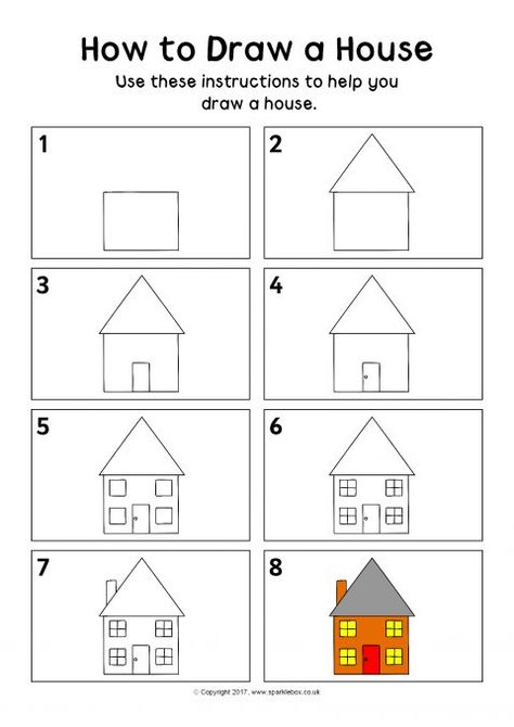 How to Draw a House Instructions Sheet (SB12162) - SparkleBox Draw A House Step By Step, Kindergarten Drawing Activities, How To Draw Preschool, How To Draw A House Easy, My School Drawing For Kids, How To Draw A House Step By Step, How To Draw For Kids, Cute House Drawing, Drawing A House