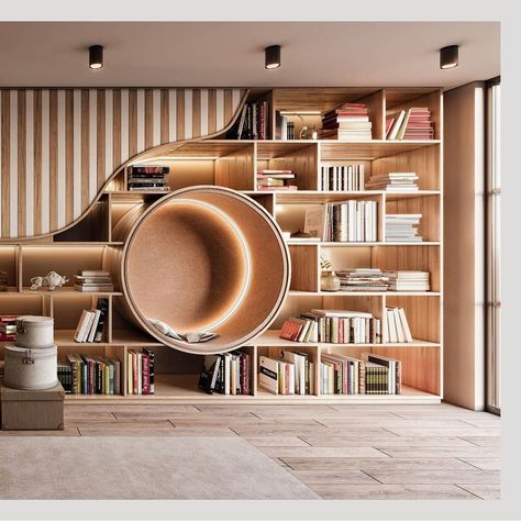 Curved Wall Bookshelves, Rounded Bookcase Built In, Waredore Design, Bookshelf Seat, Curved Bookshelf, Circular Library, Round Bookshelf, Home Library Design Ideas, Kindergarten Interior