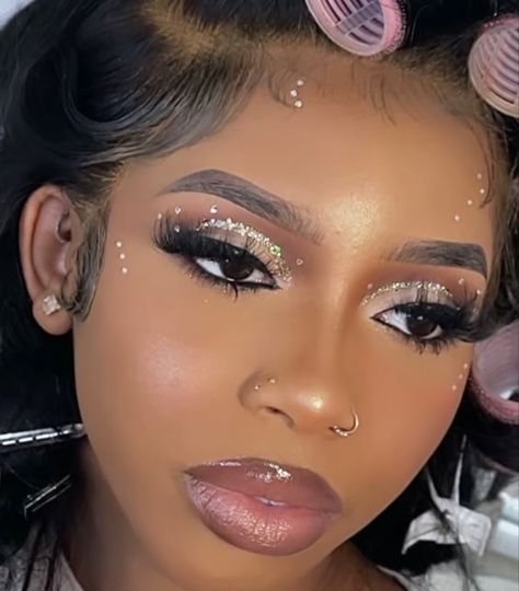 #follow #makeuplooks #makeup #blogging #blogger #blog #lashes #beautyblog Cool Skin Makeup Looks, Purple Makeup Looks For Black Women Prom, Glam Prom Makeup Looks, Diamond Make Up Looks, Icy Makeup Looks Black Women, Pink Prom Makeup Looks Black Women, Glam Makeup With Rhinestones, Glitter Under Eyes Make Up Black Women, Prom Makeup For Brown Eyes Pink Dress