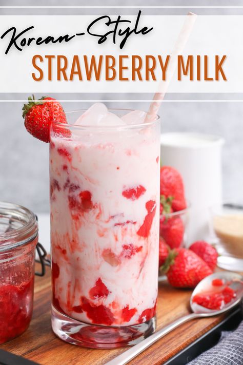 One sip of this easy 3-ingredient Korean Strawberry Milk recipe and you’ll start stocking whole milk in your fridge all the time! That is, if you aren’t already doing exactly that. It’s an easy way to enjoy the benefits of whole milk nutrition and add delicious flavor and color to your glass #strawberrymilk #koreanstrawberrymilk #summermilkrecipes #wholemilkrecipes Strawberry Oat Milk Recipe, Japanese Milk Drink, Strawberry Condensed Milk Drink, Iced Milk Drinks, Strawberry Milk Recipe Korean, Korean Yogurt Drink, Milky Alcoholic Drinks, Pink Milk Recipe, Strawberry Milk Recipes