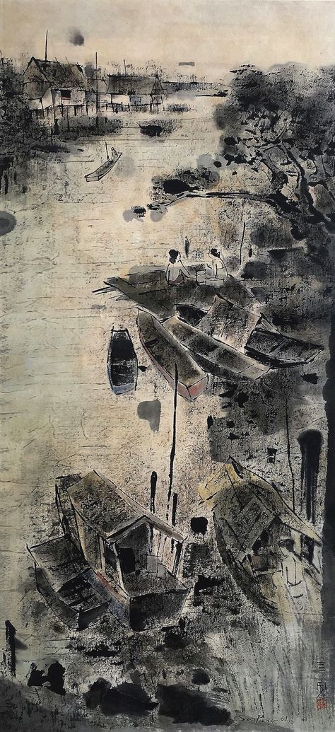 CHEONG SOO PIENG | Xiamen, China 1917 - Singapore 1983. #singaporeanart #singaporeanpocket KAMPUNG FISHING VILLAGE - SIBU (MALAYSIA) RIVERSIDE 1961 Fishing, Fish, Xiamen, Sibu, Lost Soul, Fishing Villages, City Photo, Singapore, Abstract Artwork