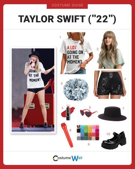 Taylor Swift (”22”) Costume 22 Music Video, Red Microphone, Dress Like Taylor Swift, Microphone Prop, Lipstick Heart, Batman Dress, Taylor Swift Costume, Cheerleading Pom Poms, 22 Taylor