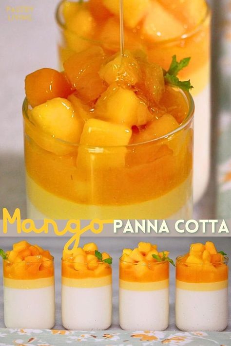 mango panna cotta in 4 glasses, and drizzling honey on top of it Peach Panna Cotta Recipe, Mango Panacota Recipe, Mango Panacotta Recipe Easy, Mango Panna Cotta Recipe, Mango Mouse, Mango Topping, Cocktail Buffet, Mango Panna Cotta, Mango Recipe