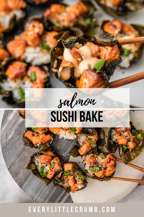 Salmon Cupcakes Sushi, Sushi Bake No Salmon, Sweet Chili Salmon Sushi Bake, Cooked Salmon Sushi Recipes, Mini Sushi Bake, Salmon Sushi Bake Cups, Sushi Pockets Recipe, Sushi Bites Appetizers, Sushi Salmon Recipes