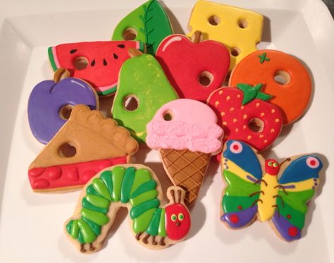 The Very Hungry Caterpillar Cookies, Hungry Caterpillar Cookies Decorated, Hungry Caterpillar Birthday Cookies, Hungry Catapiller, Hungry Caterpillar Cookies, Caterpillar Cookies, Eric Carle Party, Hungry Caterpillar Cake, Caterpillar Cake