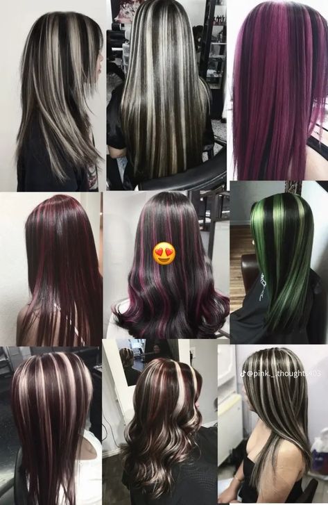 Y2k Hairstyles Color, Hair Color Ideas For Dark Hair With Highlights, Chunky Hair Dye, Colored Highlights Brown Hair, Bright Color Highlights In Brown Hair, Cool Hair Color Ideas For Brunettes, Types Of Hair Dye Style, Hair Dies Ideas, Purple Skunk Hair