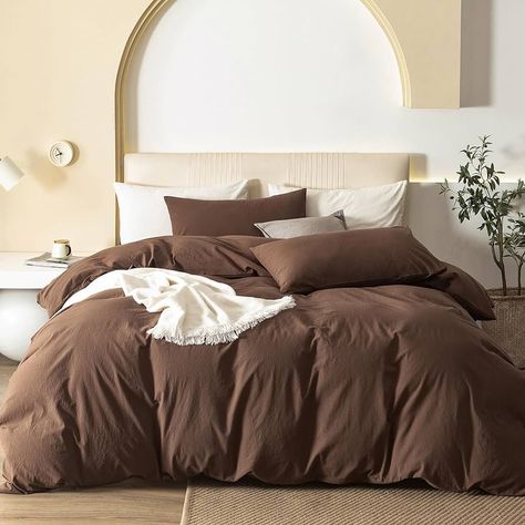 Amazon.com: JIYUAN 100% Washed Cotton Duvet Cover Set Comfy Simple Style Soft Breathable Textured Durable Linen Feel Bedding for All Seasons Queen, Solid Chocolate Brown : Home & Kitchen Mocha Duvet Cover, Brown Bed Set Ideas, Chocolate Duvet Cover, Navy And Brown Bedding, Fall Color Bedding, Brown Bed Sheets Aesthetic, Brown Sheets Bedroom, Brown And White Bedding, Brown Bedding Aesthetic