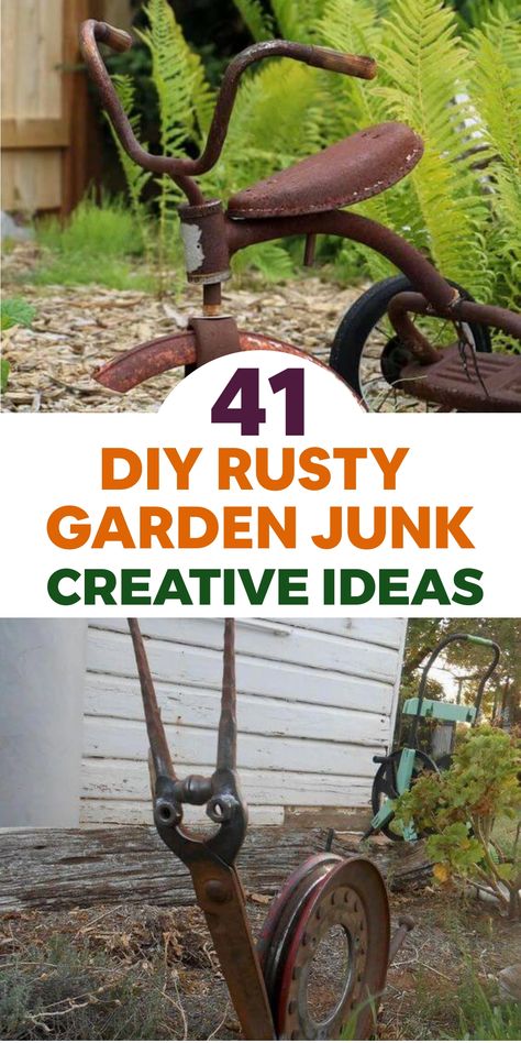 Give your garden a new life by repurposing your rusty garden items with these DIY projects. Transform an old metal chair into a plant stand or turn an unused bicycle into a charming garden décor piece. Get creative by welding salvaged pieces to create unique sculptures. Embrace the beauty of rusty materials and let your imagination guide you in crafting sustainable and innovative projects for your outdoor space. Discover endless possibilities with these ideas! Garden Junk Ideas, Garden Tools Decor, Recycled Garden Planters, Rusty Metal Garden Art, Old Garden Tools, Junk Metal Art, Spiral Garden, Pebble Garden, Garden Centerpiece